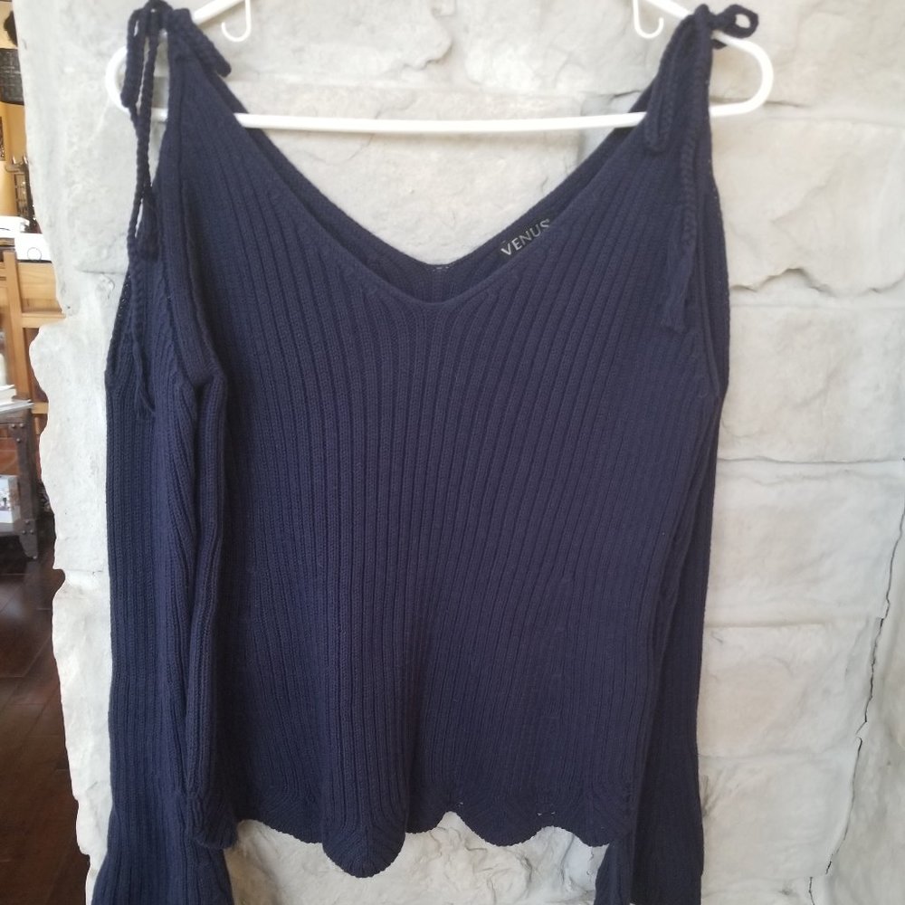 VENUS Dark Navy Cold Shoulder Sweater Top